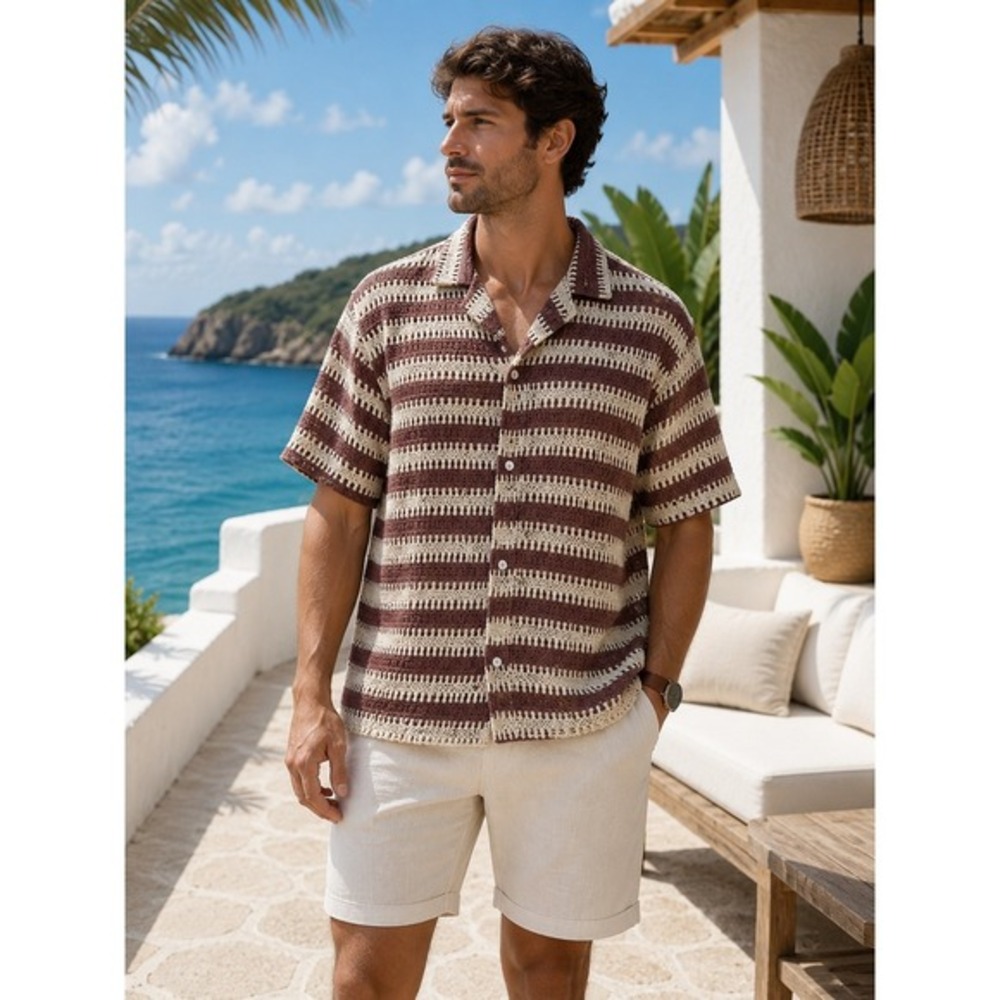 Massive‎ Luxury Striped Crochet Shirt Men M Maroon Open Knit Academia Beach NWT